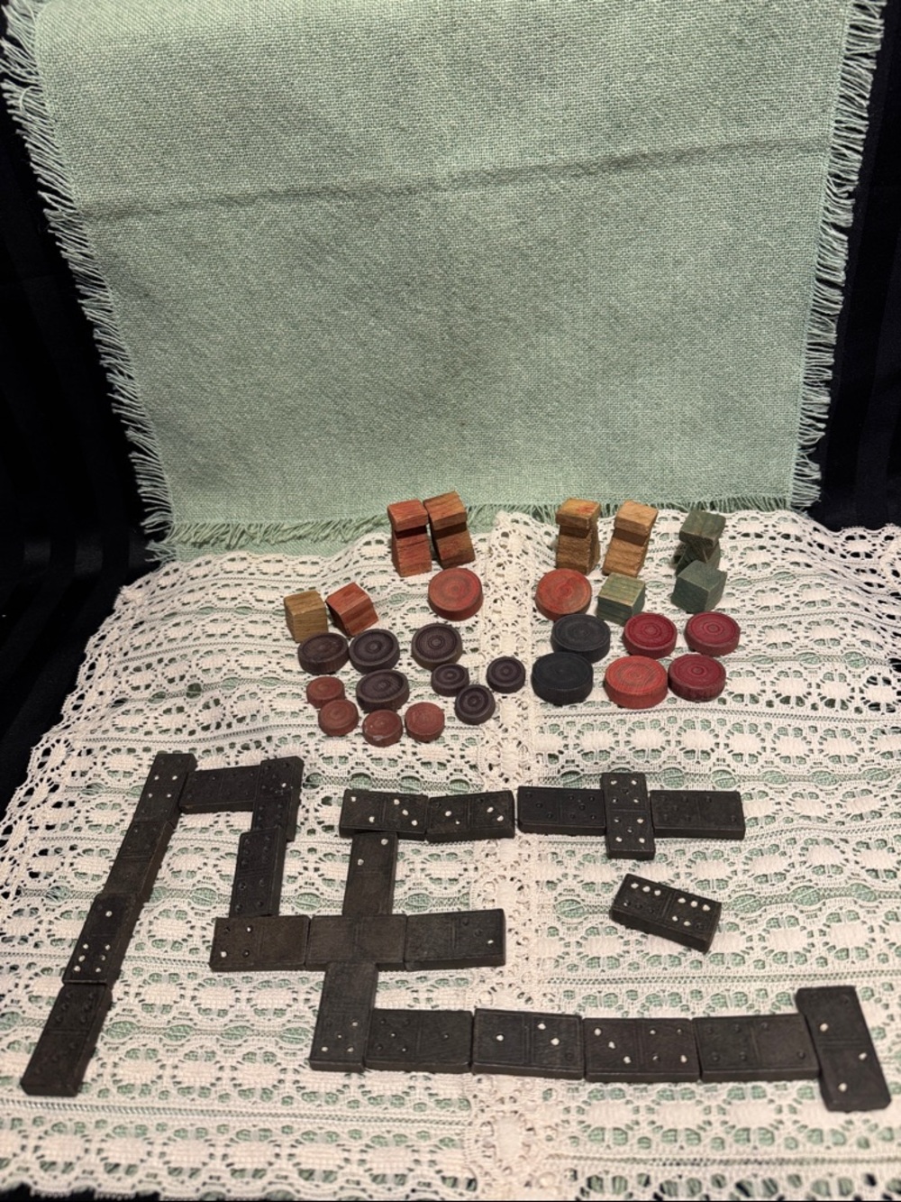 Vintage Wooden Dominoes, Blocks and Checkers Game Pieces